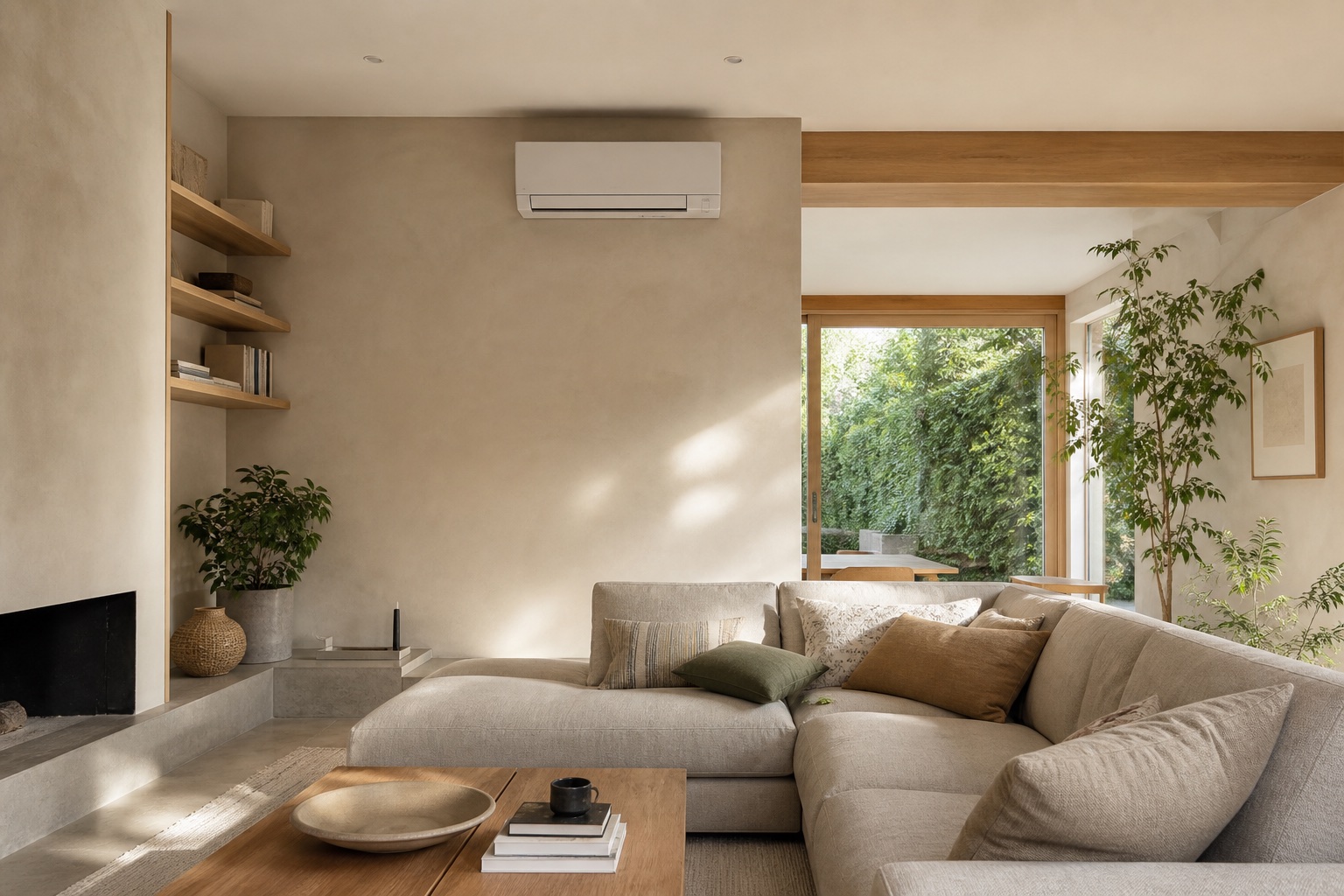 Living room with a wall-mounted air-conditioning unit.